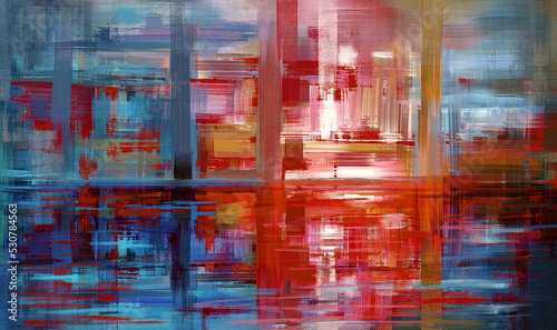 Modern scenery artwork  abstract paint strokes  vibrant oil painting on canvas. Hand painted red and dark blue color