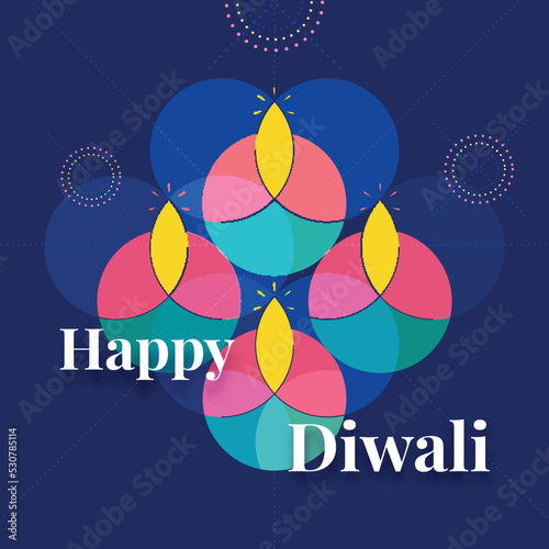 Indian Light Festival, Happy Diwali Celebration with Colorful Geometric Circles Oil Lit Lamps, Fireworks on Blue Background.