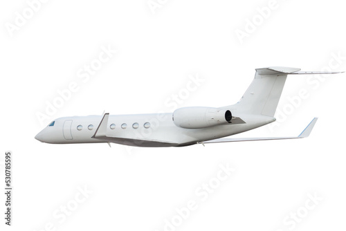 Modern luxury private jet flies isolated on white background