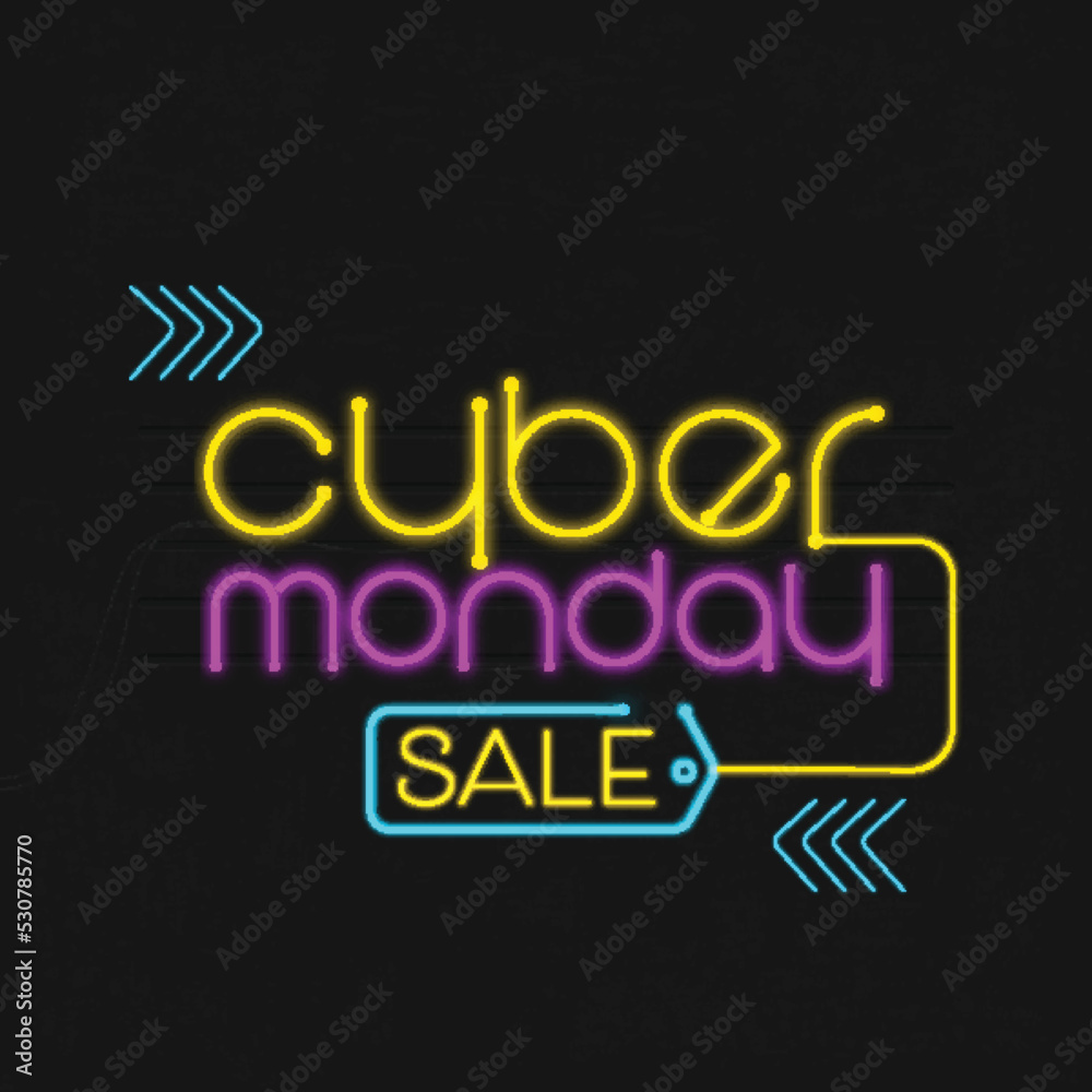 Neon Light Cyber Monday Sale Text On Black Background. Advertising Poster Design.