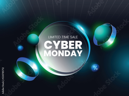 Cyber Monday Sale Poster Design With Shiny Gradient Round Shape On Teal Blue Rays Background.