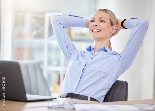 Success, happy and satisfied business woman done with task, work target or closing a successful deal. Comfortable, hands behind head and relax with entrepreneur enjoying break and resting in office