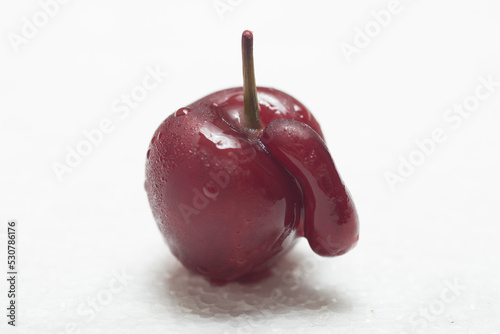 Red black cherry on white background with water drops. With appendix. Ugly crooked fruit.

