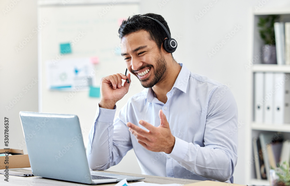 Asian man, laptop or call center worker in communication, customer service or contact us support office. Smile, happy and excited crm consultant or telemarketing receptionist on tech sales consulting Asian man, laptop or call center worker in communication, customer service or contact us support office. Smile, happy and excited crm consultant or telemarketing receptionist on tech sales consulting