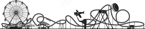 Funfair rides black silhouettes. Amusement park panorama