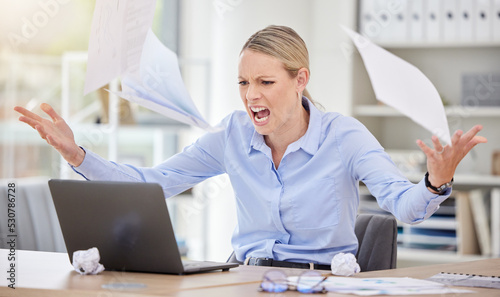 Fotografia Angry business woman throwing paperwork documents in stress, frustrated and 404 laptop glitch in office