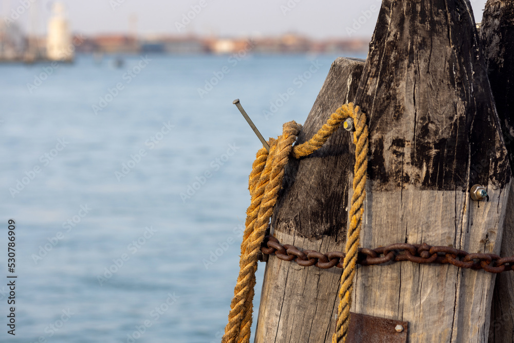 Fototapeta premium Wooden pillars with old rope and chain in sea at Venice dock. Large wooden logs, breakwaters in Venezia, Italy