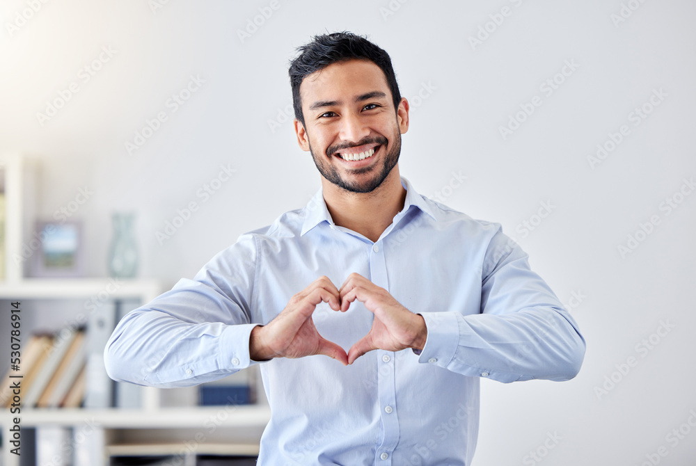 Asian businessman, heart sign and hand gesture emoji for support, trust and passion for success. Portrait of smile, happy or motivation worker for charity, community love or help for people in office Asian businessman, heart sign and hand gesture emoji for support, trust and passion for success. Portrait of smile, happy or motivation worker for charity, community love or help for people in office