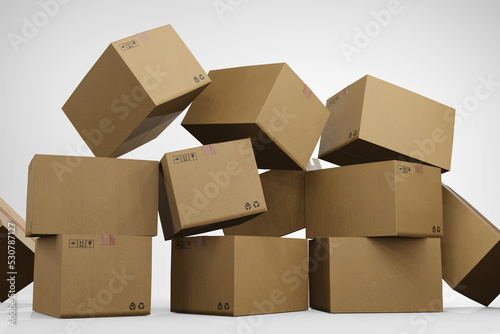 Stacks of falling carton boxes. 3D illustration of the concept of messy and untidy warehouse management
