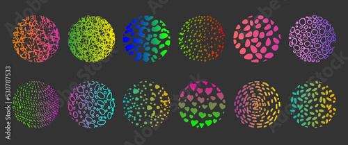 Set of round abstract colorful bright hand drawn doodle shapes. Backgrounds in the form of a circle of spots, lines, splashes, curves, stripes and dots.