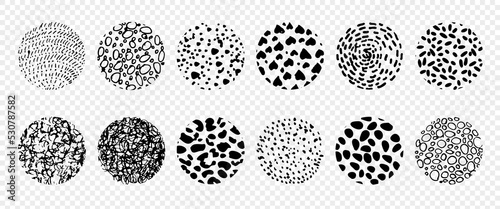 Hand drawn abstract circle sketch set. Vector circular scribble doodle. Backgrounds in the form of a circle of spots, lines, splashes, stripes and dots, on a transparent background