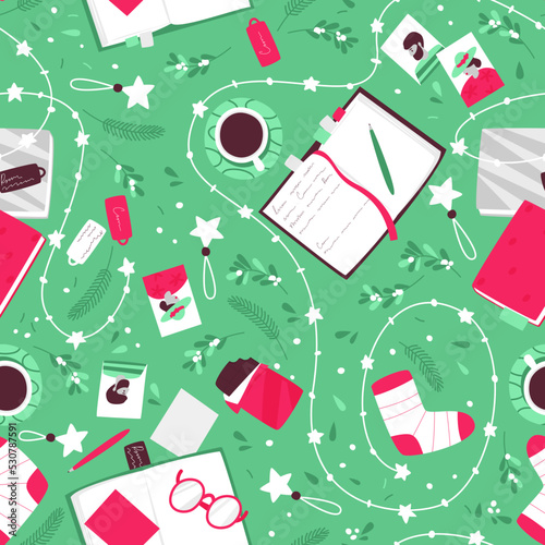Seamless pattern with the theme of coziness and comfort in the winter season on a green background. The idea of planning and dreaming in the Christmas and New Year holidays. Flat vector illustration