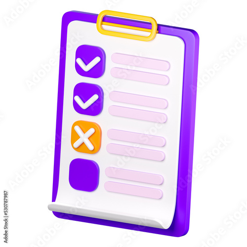 3d cheklist clipboard icon. Todo or tasks list, vote form, online survey, feedback or examination concept. High quality isolated render photo