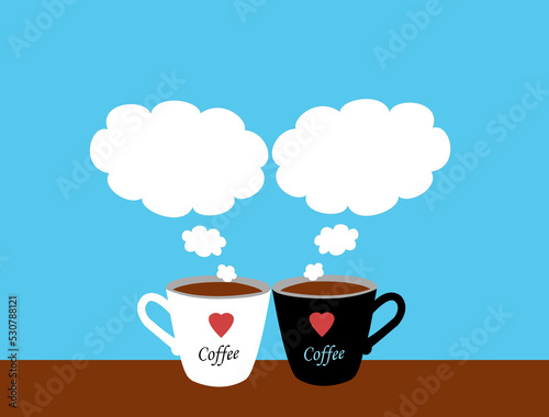 Two differrent color cup of hot coffee with text coffee and red heart shape out side with white  steam on blue background   Differrent concept   coffee time concept.