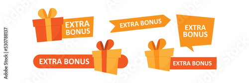 Extra Bonus Label for promo design. Extra bonus label, sticker or tag with gift box icon. Sale and promotion design element with free prize.