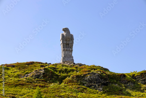 The stone eagle at the Simplon Pass between Italy and Switzerland. It is an alpine pass with an altitude of 2005 metres