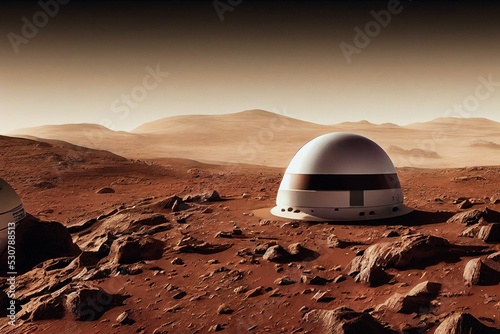 Print op canvas Illustration od Futuristic Martian base on the colonized planet Mars, housing and scientific buildings built by the first colonists