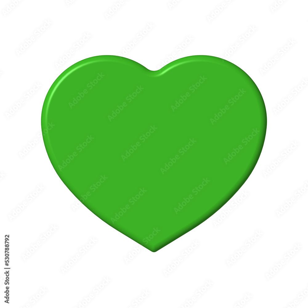 Green heart isolated on white background. Paste template. Glare from lighting Valentine's Day. 3D image. 3d rendering.