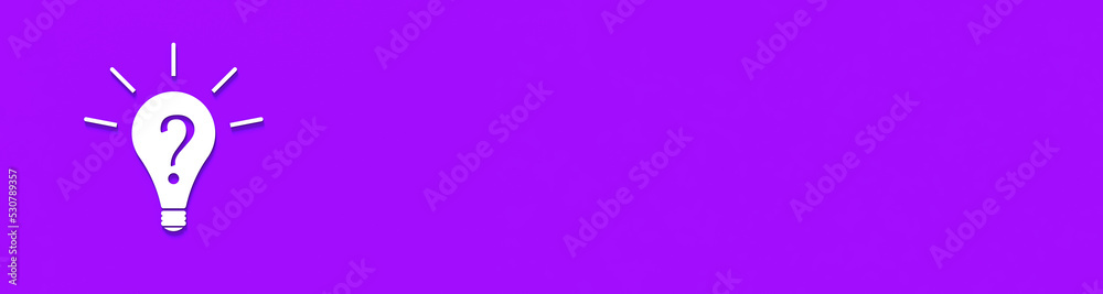 White light bulb with shadow on violet background. Illustration of symbol of lack of idea. Question mark. Banner for insertion into site. Place for text cope space. 3D image. 3D rendering. White light bulb with shadow on violet background. Illustration of symbol of lack of idea. Question mark. Banner for insertion into site. Place for text cope space. 3D image. 3D rendering.
