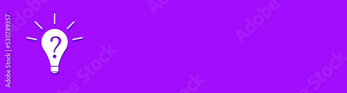 White light bulb with shadow on violet background. Illustration of symbol of lack of idea. Question mark. Banner for insertion into site. Place for text cope space. 3D image. 3D rendering.
