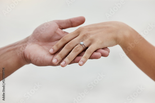 Wallpaper Mural Engagement ring, hands and proposal of engaged couple romantic marriage celebration. Zoom on diamond jewelry finger for love, save the date and announcement of special occasion in commitment together Torontodigital.ca