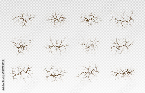 Hand drawn cracked surface set. Lots lines of crack ground for abstract background. Dark hole in a wall or in the ground. 