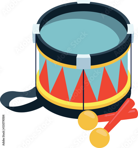 Cartoon drum with sticks icon. Music rhytm instrument