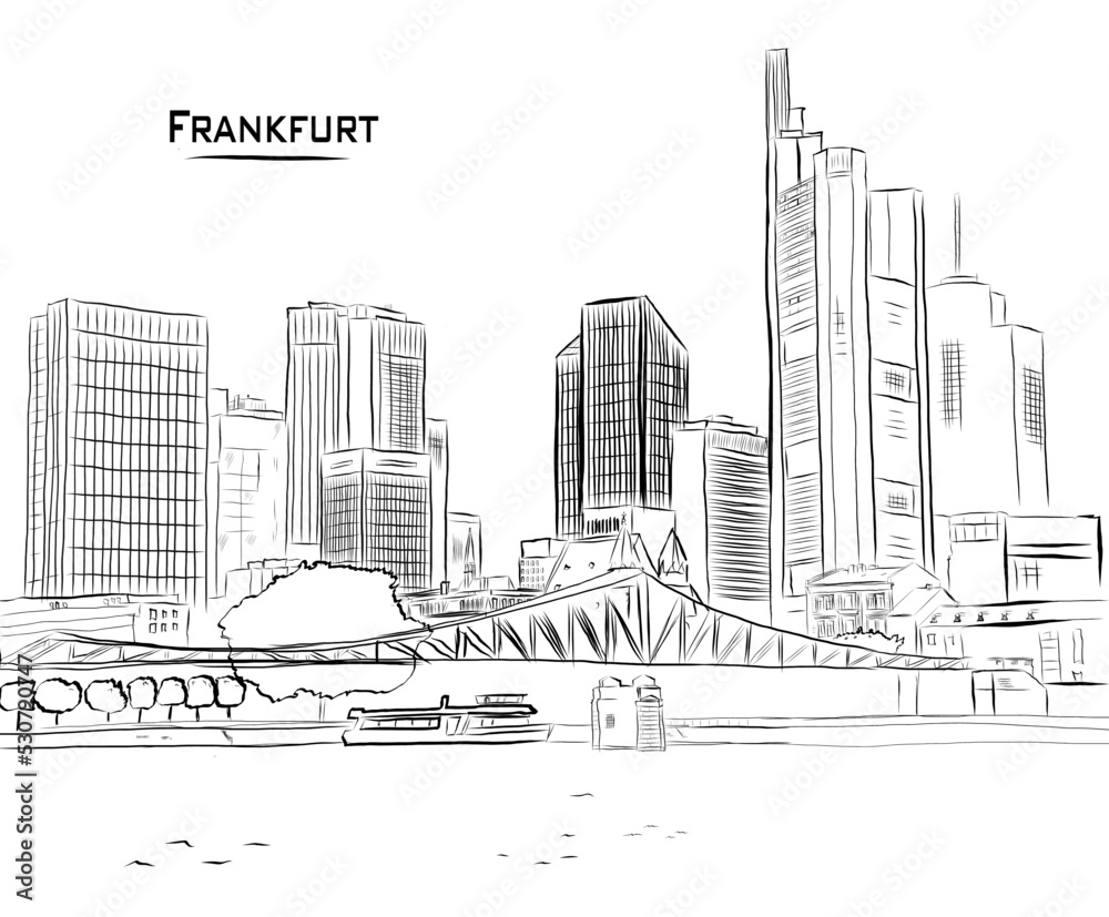 Frankfurt skyline architecture line art Vector illustration handrawing framework