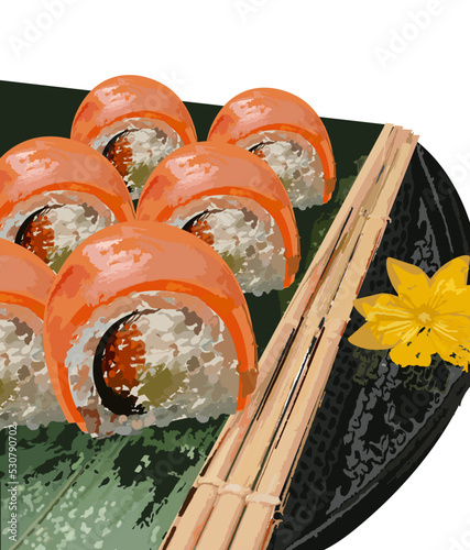 Sushi plate vector. Salmon rolls Seafood Japanese fresh cuisine
