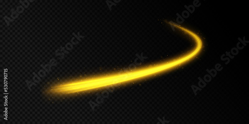Golden wave with sparkle bokeh. Luxury dynamic sparkles and motion lines decoration elements in golden shiny color. Bright swirl glitter on transparent black background.