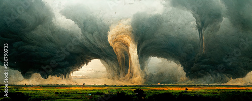 Photo artistic illustration of a huge terrible tornado in the panorama of the plain