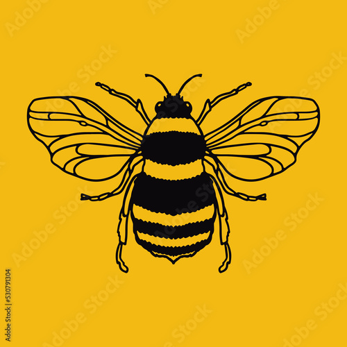 Honey Bee outline doodle isolated on yellow background. Design Mascot Vector Illustration. Concept logotype for packaging