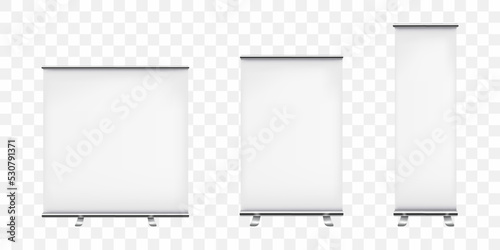 A set of roll up banner. 3d template for your design. For promotional presentation. Realistic vector illustration isolated on transparent background.
