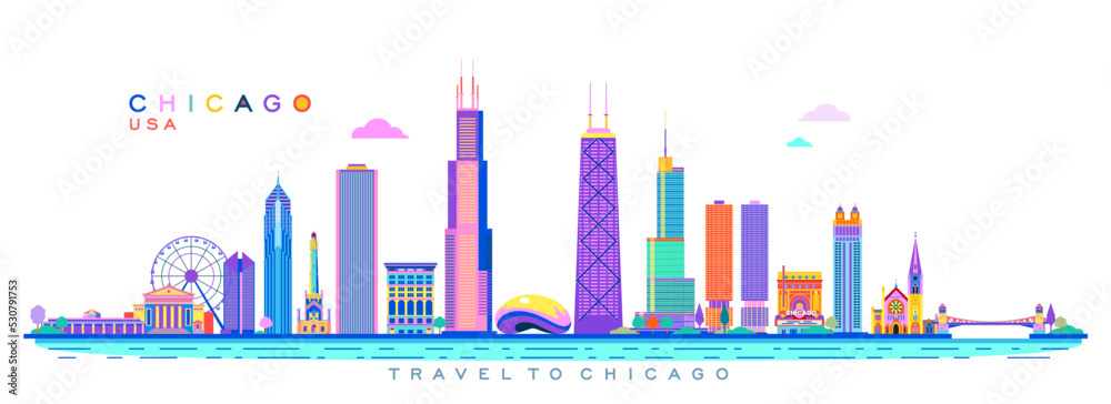 Obraz premium Chicago architectural landmarks colorful vector abstract illustration, America.