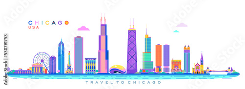 Chicago architectural landmarks colorful vector abstract illustration, America.