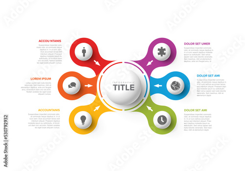 Simple infographic with big center sphere and six small icon elements