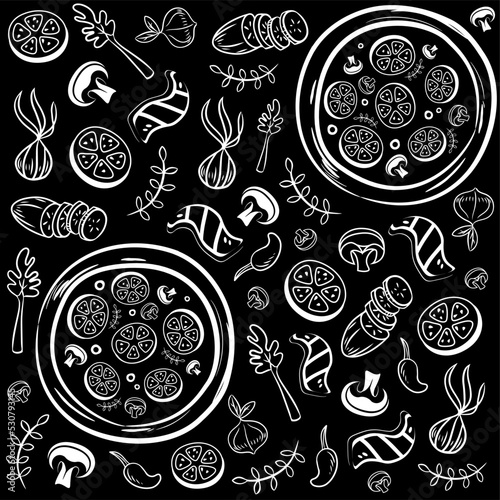 Food collection in vector. Pizzeria. Pizza and grill banner with sketches of dishes on the board. Drawn pizza elements. Grilling time. Grilled meat, mushrooms, pizza, pepperoni. Bbq vector