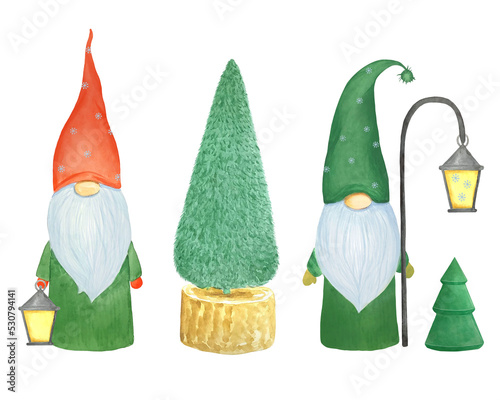 Watercolor illustration of New Year's gnomes in hats isolated on white background. Christmas gnome in Scandinavian style. Decorative design element.