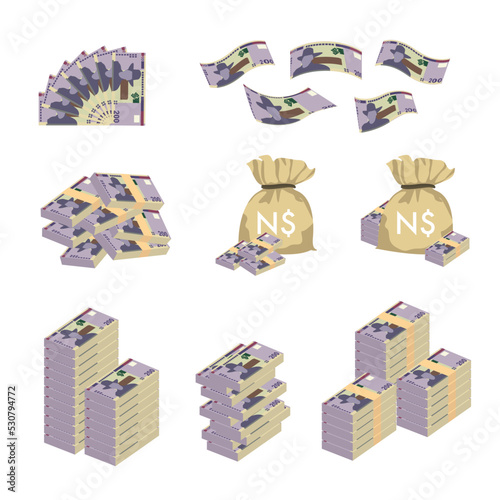 Namibian Dollar Vector Illustration. Huge packs of Namibia money set bundle banknotes. Bundle with cash bills. Deposit, wealth, accumulation and inheritance. Falling money 200 NAD.