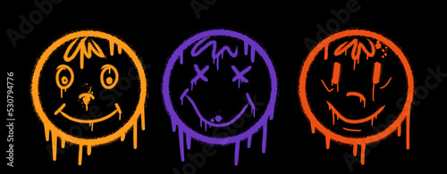 Three graffiti neon emoticons with splash effect and drops. Urban street graffiti style. Print for banner, poster. Vector illustration on black background