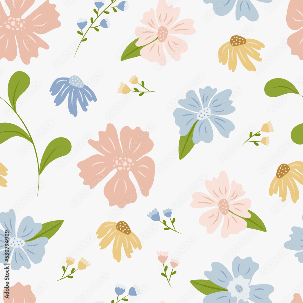 seamless pattern on a light background pink and blue flowers .
