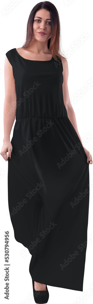 Mockup of a black long dress on a girl in heels, png, isolated on background, front view. Mockup of a black long dress on a girl in heels, png, isolated on background, front view.