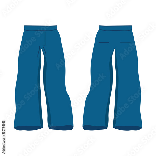 Women's wide leg trousers with front and back view. Vector illustration.