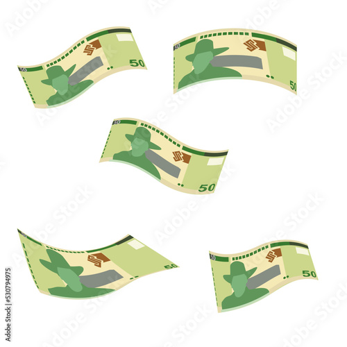 Namibian Dollar Vector Illustration. Namibia money set bundle banknotes. Falling, flying money 50 NAD. Flat style. Isolated on white background. Simple minimal design.