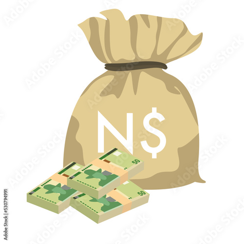 Namibian Dollar Vector Illustration. Namibia money set bundle banknotes. Money bag 50 NAD. Flat style. Isolated on white background. Simple minimal design.