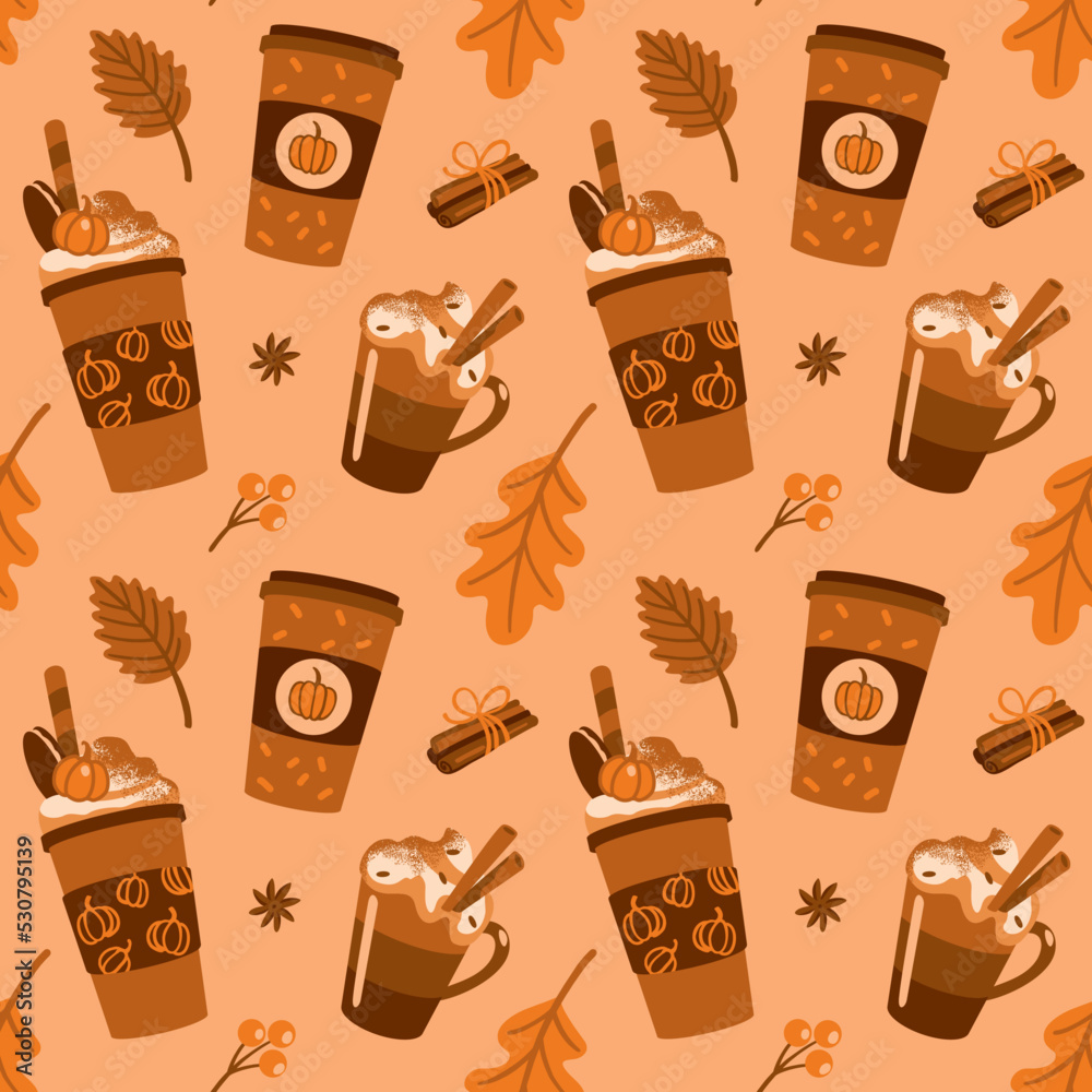 Spice coffee with cream. Autumn mood. Seamless pattern. Vector. Spice coffee with cream. Autumn mood. Seamless pattern. Vector.