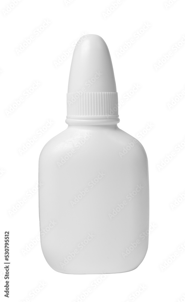 Squeezable dropper bottle isolated on white background. White bottle of nasal drops cut out of the background. Nasal drops bottle. Squeezable dropper bottle isolated on white background. White bottle of nasal drops cut out of the background. Nasal drops bottle.