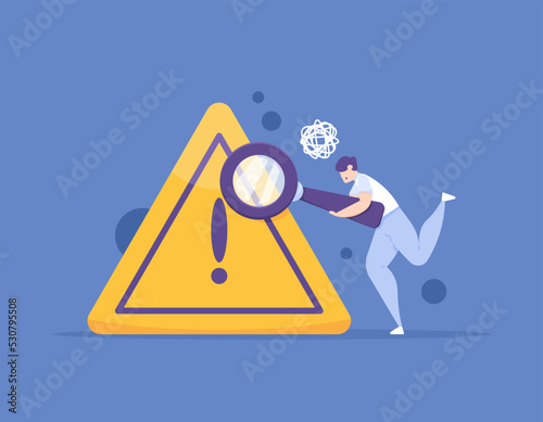 identification of problems. error and risk analysis. looking for methods or ways to overcome or resolve problems. Use a magnifying glass to investigate. concept illustration design. vector
