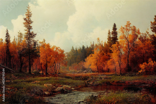 beautiful autumn landscape scene with a small river
