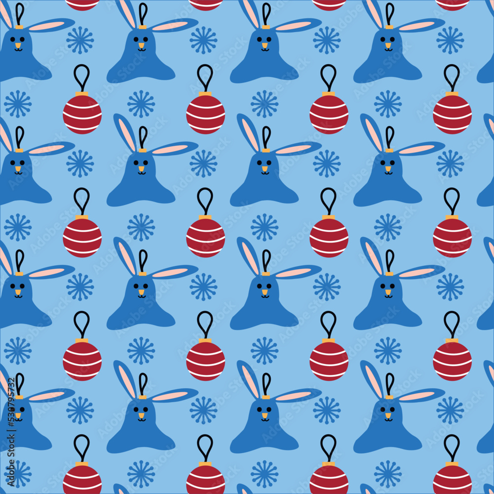Seamless pattern vector for the New year y Christmas with snowflake and blu rabbit (hare). Seamless pattern vector for the New year y Christmas with snowflake and blu rabbit (hare).